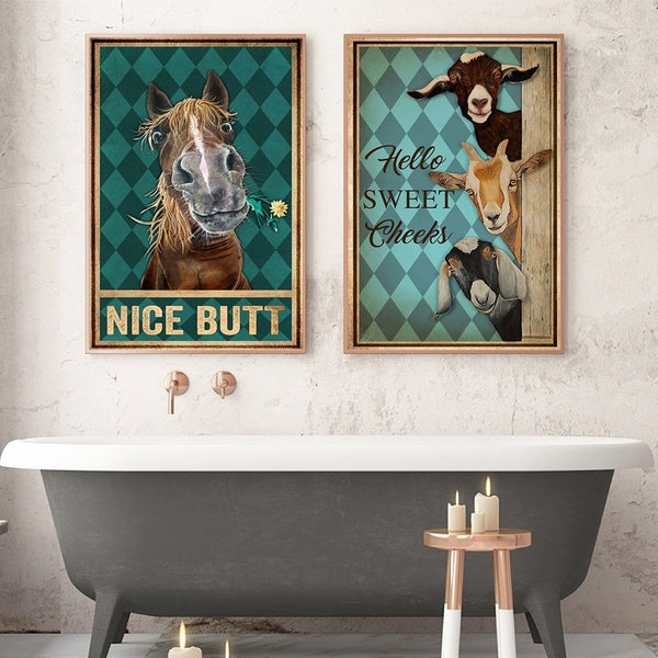 Horse Goat Funny Bathroom Toilet Wall Art Posters, Bathroom Sign Animals Vintage Canvas Painting Pictures WC Bathroom Wall Decor No Frame