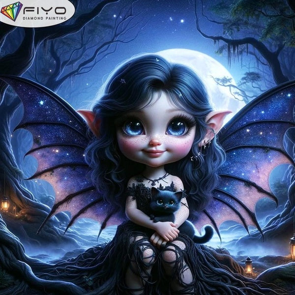 FIYO DIY 5D Little Witch Diamond Painting Full Drill with Number Kits Home and Kitchen Fashion Mosaic Diamond Painting Canvas Wall Decoration Gift Cr