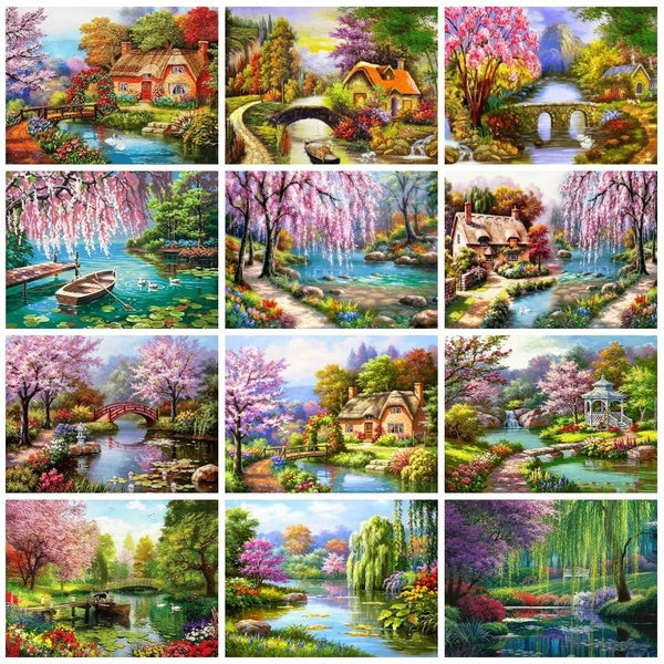 Full Drill Diamond Painting Garden Cross Stitch Diamond Embroidery Landscape Cherry Blossoms Mosaic House Decor For Home