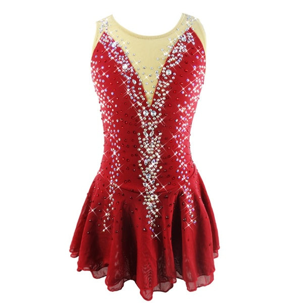 Ice Figure Skating Dress Girls Women Red Spandex Sleeves Youth Competition Ballet Dance Costumes