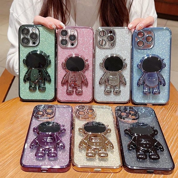 Pour iPhone 14 Pro Max Luxe Astronaute Pliable Support Placage Paillettes pour iPhone 14 Pro Max 14 Plus 13 12 11 Pro Max Mini XS XR X 7 8 Plus SE 20