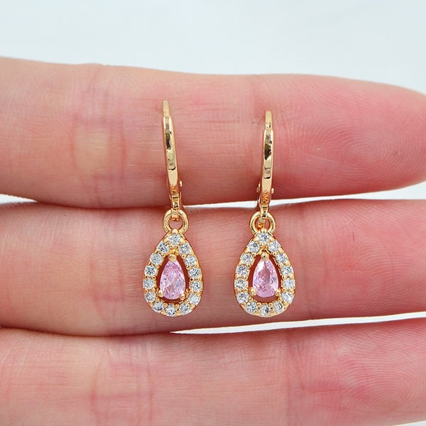 Boucles d'oreilles pendantes en forme de larme mignonne avec zircon cubique rose CZ