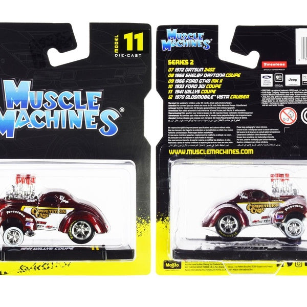 1941 Willys Coupe Gasser "Competition Cams" Red Metallic and White 1-64 Diecast Model Car by Muscle Machines Matron Inn