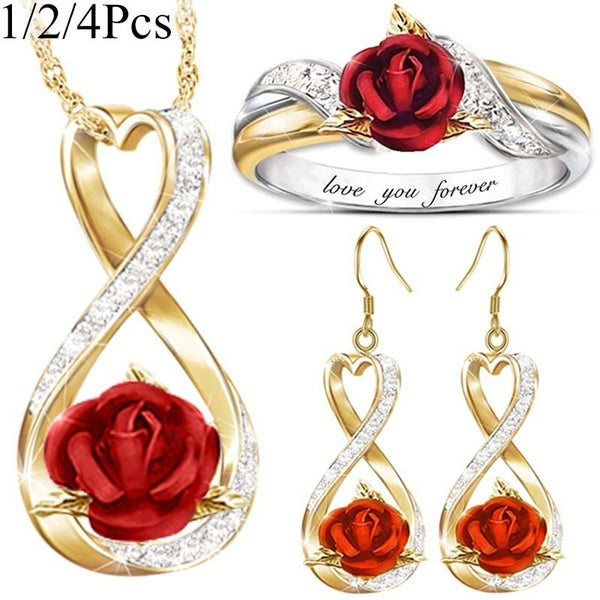 Women'S Fashion Creative Red Rose Flower Necklace & Rings & Earrings,4 sets of Accessories,Trendy Flowers Jewelry Sets Matron Inn