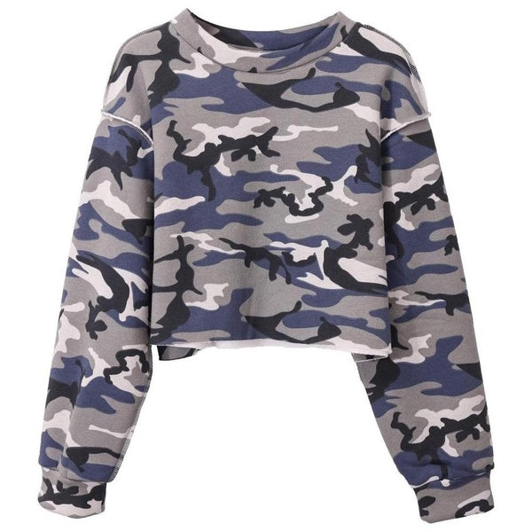 Women Camo Cropped Sweatshirt Pullover Casual Long Sleeves Crop Top Hoodie No Hood