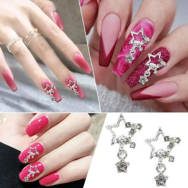10PCs Silver Star Nail Charms With Rhinestones Shiny 3D Alloy Heart Nail Jewelry Charms For Acrylic Nails Decoration wholesale