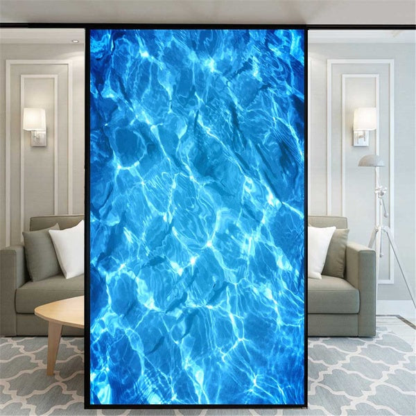 Window Film Frosted Stained Window Film Static Cling No Glue Window Privacy Film Blue Water Surface Pattern Privacy Window Decals Window Stickers