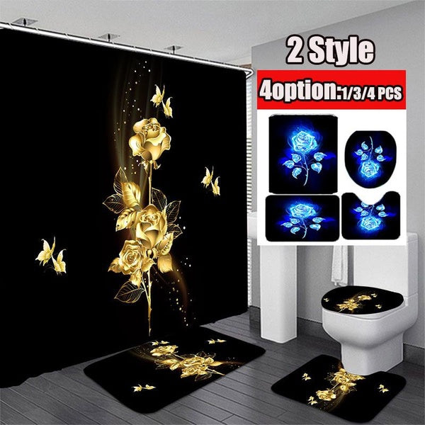 4-3-1 Pcs 2 Style Gold-Blue Rose Shower Curtain Sets with Non-Slip Rug, Toilet Lid Cover and Bath Mat, Rose Shower Curtain with 12 Hooks, Waterproof
