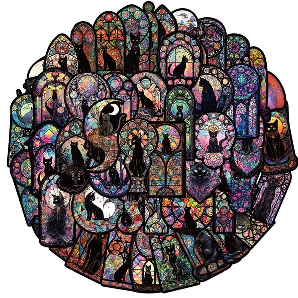 10-50PCS Vintage Stained Glass Cat Stickers Retro Gothic Cat Waterproof Stickers for DIY Luggage Laptop Skateboard Motorcycle Bicycle Stickers