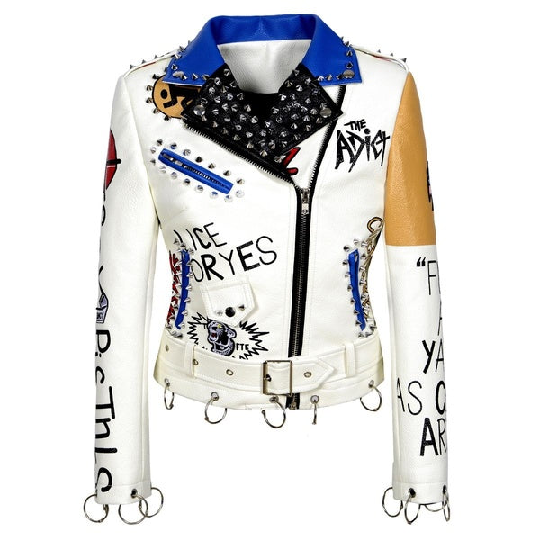 Veste en cuir artificiel Punk Graffiti pour femme, veste de moto en PU