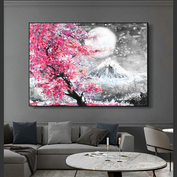 Japanese Style Cherry Blossom Fuji Mountain Landscape Watercolor Oil Painting Canvas Printing Home Painting Frameless Wall Art