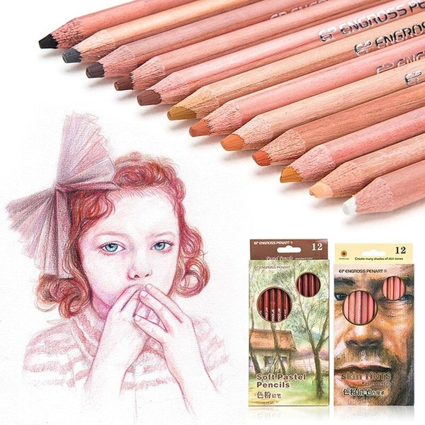 Soft Pastel Pencils 12 Colors Skin Tints -Landscape Colored Powder Pencil Drawing Portrayal Still Life-Character-Figure Details Art Supplies