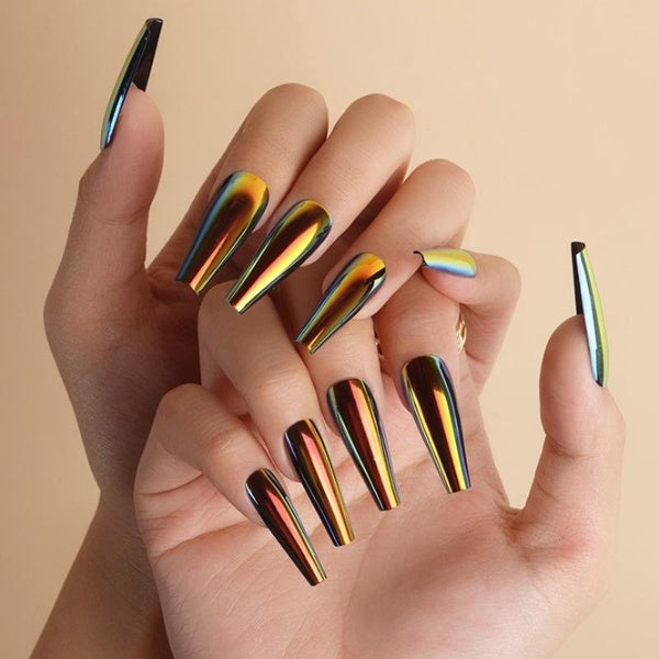24pcs Metallic Aurora False Ballerina Nail Art Manicure Press on Nails Magic Mirror Look Glossy Matte Fake Chrome Nails Stiletto Fake Nail Tips Weara