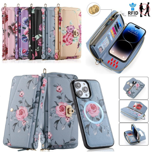 Marque POLA Sac à main en cuir floral pour femme Grande capacité Porte-monnaie multifonction Blocage RFID Coque de téléphone pour iPhone 14 Pro Max i
