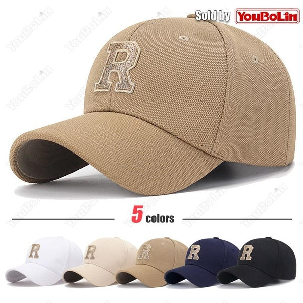 New Fashion High Quality Cotton Hard Top Baseball Cap Elastic Pineapple Cloth Material Gold Thread Embroidery Craft R Letter Design Style Dad Cap Uni