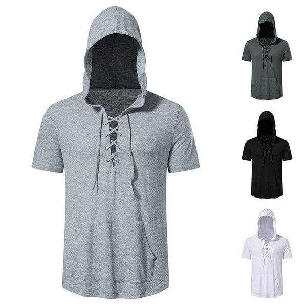 Mens Casual Cotton Lace Up T-Shirts Retro V-Neck Hoodie Short Sleeve Outdoor Sports Hooded Pullover Tee