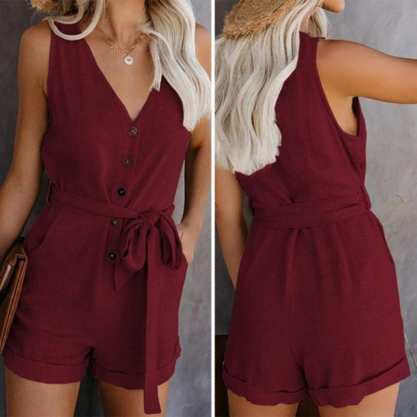 Summer Women's Casual Bowknot Jumpsuit V-neck Tank Top Shorts Fashion Women's Summer Wear with Pockets Rompers Pure Color Jumpsuit for Women