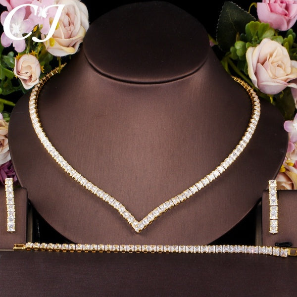CANDICE Trendy Cubic Zirconia V Shaped Choker Necklace Earrings Bracelet Gold Plated Party Jewelry Set for Women Dress Accessories