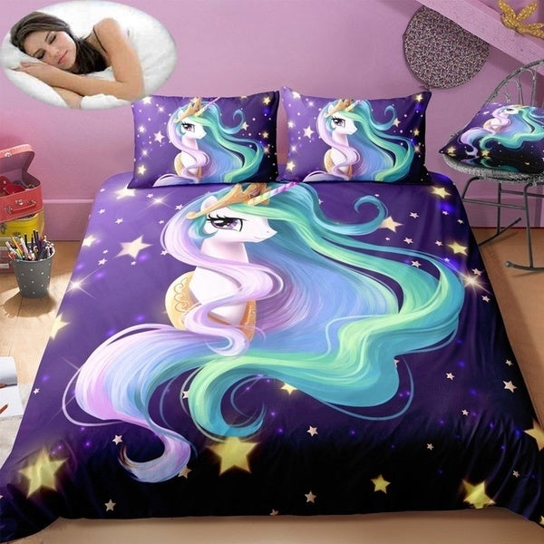Cartoon Home Decor 3D Blue Unicorn Design 2-3PCS Kids and Adult Polyester duvet Cover Pillow Covers Bedding Set(Baby-Single-Twin-Double-Full-Queen-Ki