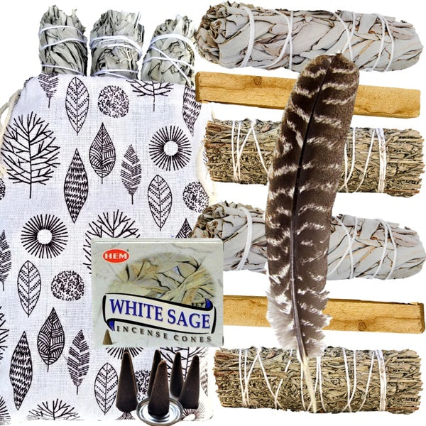 Sage Kit - 9 Spiritual Smudge Kit Gifts for Cleansing: White & Blue Sage, Palo Santo,Incense, Smudge Feather