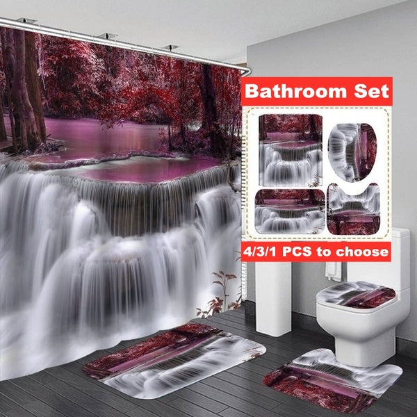 Purple Forest Waterfall Shower Curtain Set with Rugs Bath Mat Toilet Cover Rug Scenic Bathroom Decor Set 1-3-4 Pcs