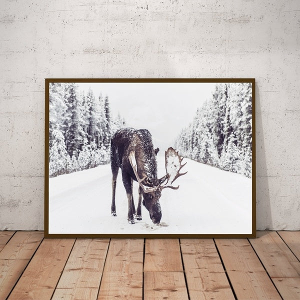 Moose in Snow Print Winter Snowy Poster Art Canvas Painting Picture Rustic Christmas Decor for Living Room Home Wall Decoration