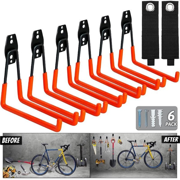 6 Pack Garage Storage Utility Hooks,Wall Mount & Heavy Duty Garage Hanger & Organizer with 2 Extension Cord Holder Organizer To Bike, Ladder, Garden