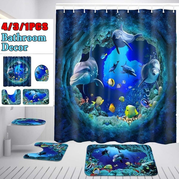 1-3-4 Pcs Bathroom Set Ocean Dolphin Deep Sea Shower Curtain Bathroom Waterproof Pedestal Rug Lid Toilet Cover Bath Mat