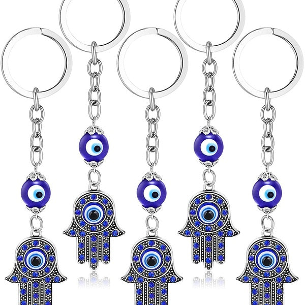 1 Pcs Hamsa Hand Keychain Evil Eye Silver Keychain Fatima Protection Charms Blue Good Luck Key Holder for Attaching to Keys and Bags
