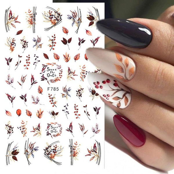 Flowers Leaves Line 3D Nail Stickers Autumn Winter Fall Leaf Design Transfer Sliders Abstract Waves Nail Art Decals Manicures F785