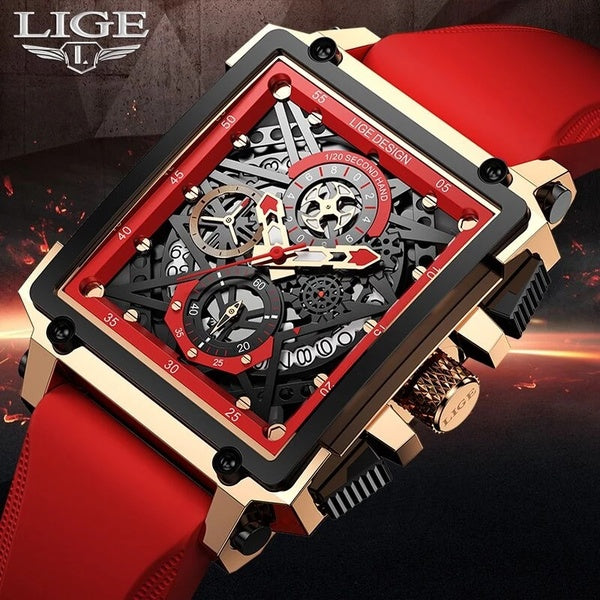 LIGE 2022 hommes montre haut marque de luxe étanche montres à Quartz pour hommes carré numérique mode creux sport Silicone horloge