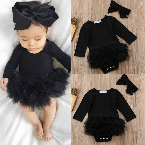 2PCS Newborn Infant Baby Girls Long Sleeve Tutu Romper Dress Tulle Ruffle Bodysuit Jumpsuit Headband Outfits Clothes