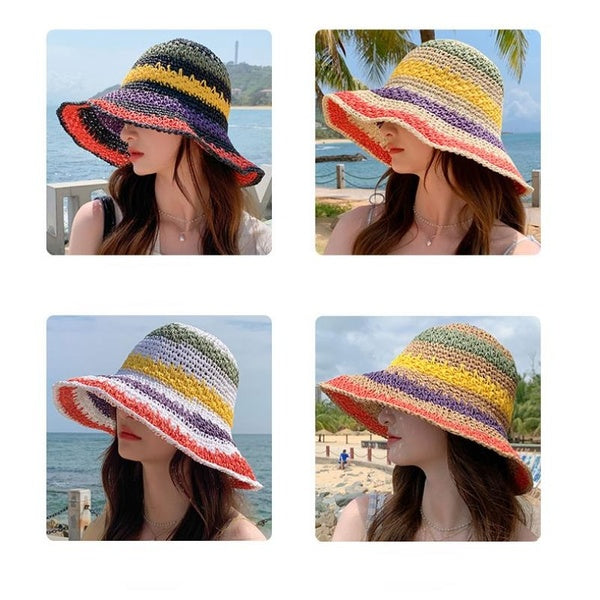 Chapeau de paille pour femme, chapeau de pêcheur assorti aux couleurs de l'arc-en-ciel de plage, blocage du soleil, blocage du visage, chapeau de bas