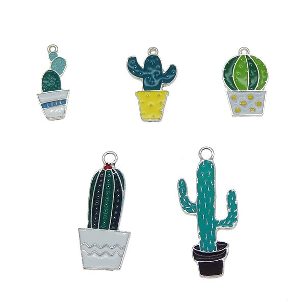 30PCS Mixed Enamel Plant Potted Cactus White K Tone Charms Necklace Pendant Findings DIY Jewelry Making Accessory