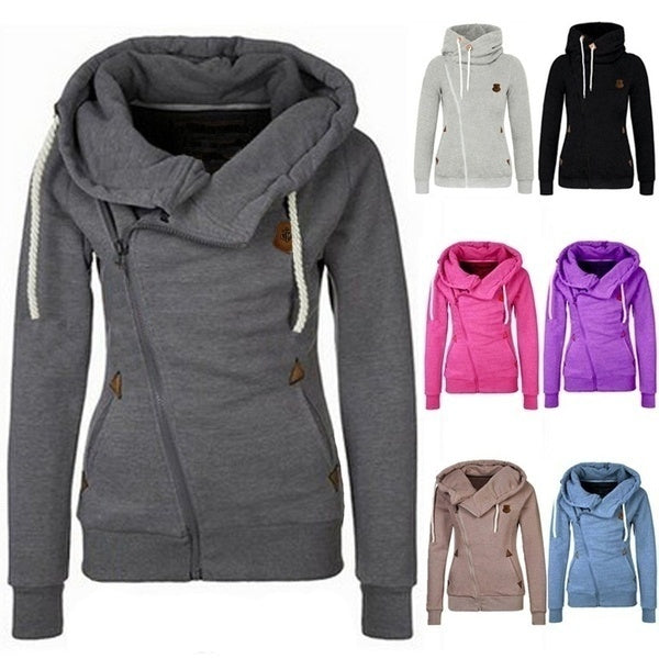 Womens Hoodies Winter Fashion Sweatshirts Sports Personality Side Zipper Jacket Candy Colored Hooded Coat Plus Size Warm Jacket