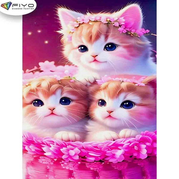 FIYO Three kittens Diamond Painting Kits For Adults DIY 5D Diamond Mosaic Diamond Painting Home and Kitchen Fashion Canvas Pictures Wall Decoration G