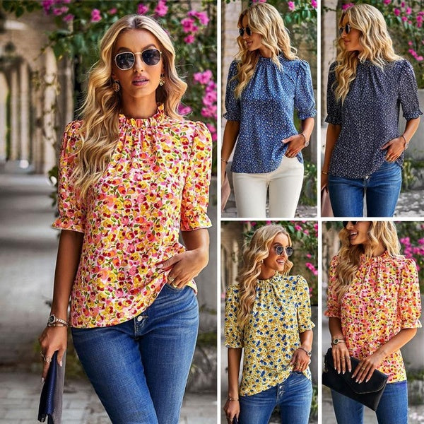 Women's Summer Boho Shirt Top Ruffle Short Sleeve Frill Trim Mock Neck Floral Print Casual Blouses Shirts Tops