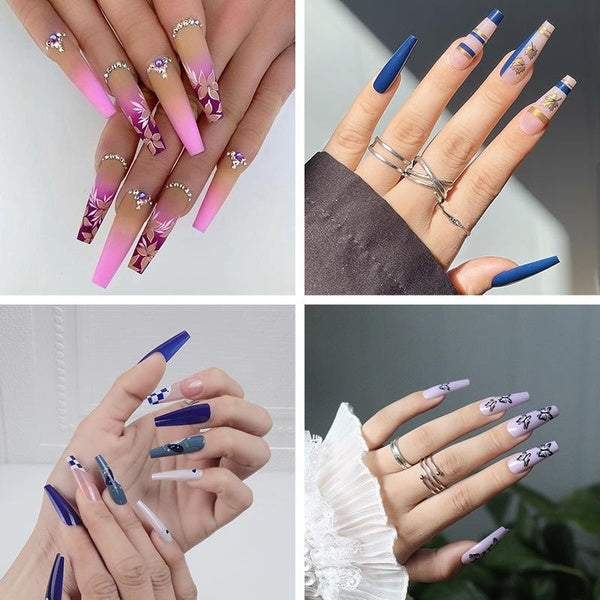 Gradient Ramp Purple Fake Nail Black Butterfly Long Ballerina False Nail Decoration With Gold Maple Leaf Home DIY Blue checkerboard Press On Coffin N