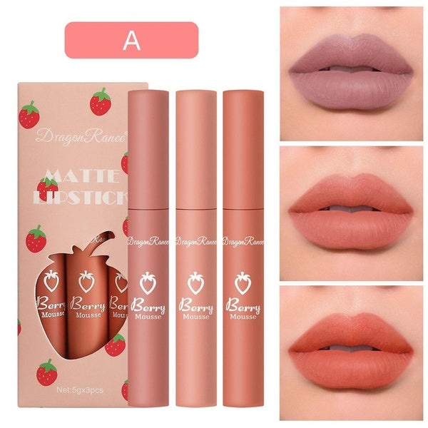 3 Pcs-Set Strawberry Velvet Matte Lip Gloss, Lipstick, Tinted Lip Stain Long Lasting waterproof Non-Sticky Not Fade Lip Women Daily Lip Makeup