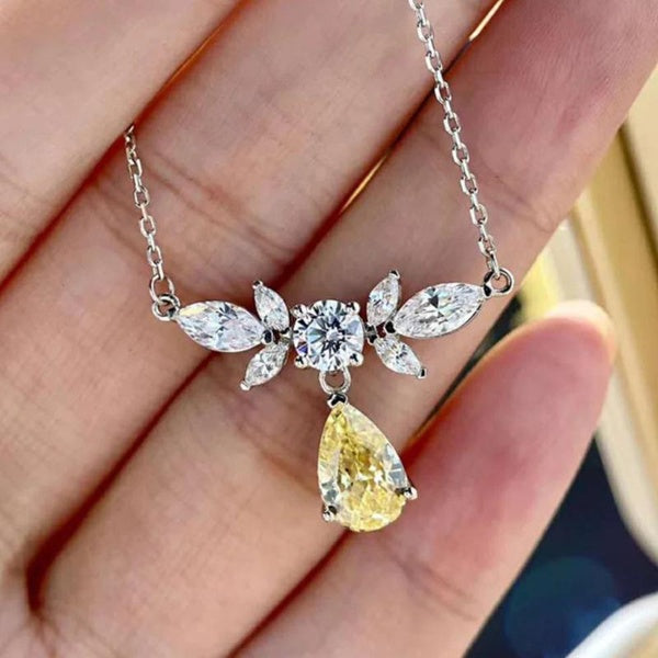 Charming 925 Sterling Silver Teardrop Citrine Flower Diamond Pendant Necklace for Women Engagement Wedding Bridal Necklace