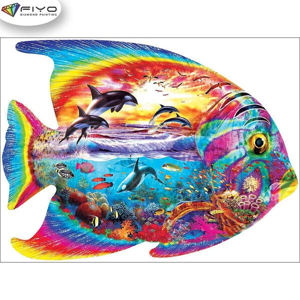 FIYO Fish DIY 5D Diamond Painting Full Drill with Number Kits Home and Kitchen Fashion Mosaic Diamond Painting Canvas Wall Decoration Gift Crafts for
