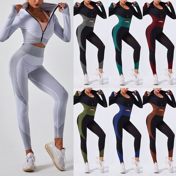 Femmes dames sans couture Gym Fitness Yoga costume à manches longues fermeture éclair haut court Leggings ensembles sport course tenues