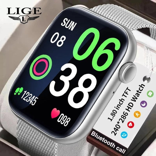 LIGE Smartwatch hommes 2024 Android et iOS Bluetooth appel Fitness montre plein écran tactile HD montre intelligente montres-bracelets, argent