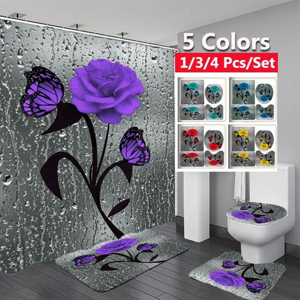 5 Colors Bathroom Set Rose Pattern Waterproof Shower Curtain+ Non Slip Bathroom Pedestal Rug + Toilet Lid Cover + Floor Mat Bath Mat(4 Options)