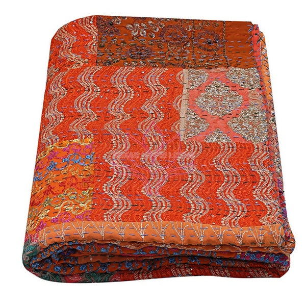 Cotton Khambadiya Kantha Bedspread Indian Embroidery Bedcover Cotton Kantha Quilts Hippie Bedding Bedspread Throw Blanket 108X90 Inch JC81