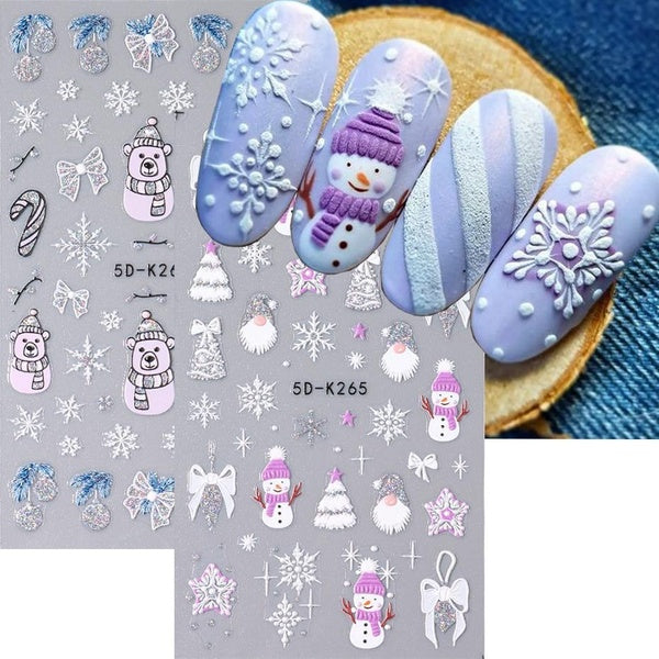 5D Glitter Christmas Embossed Nail Stickers Gold Silver Snowflake Gonk Bear Lantern Cane Winter Xmas Engraved Nail Decoration