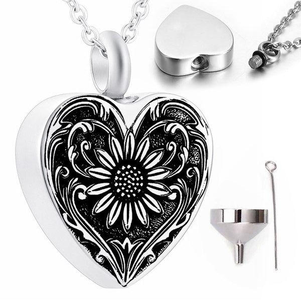 Titanium Steel Funeral Cremation Heart Pendant Gold Sunflower Necklace Keepsake Urn Perfume Necklace For Ashes Memorial Jewelry Mementos Jewelry Gift