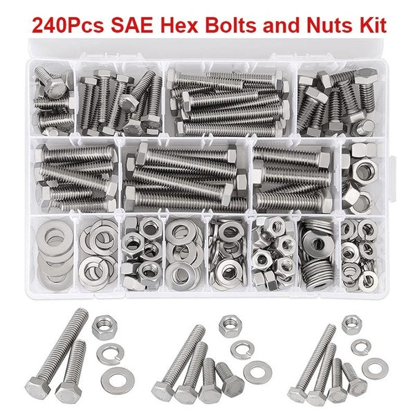 240Pcs Hex Bolts and Nuts Kit Stainless Steel Spring Washers Assortment Kit SAE Sizes Machine Screws Bolts(3-8" 1-4" 5-16")
