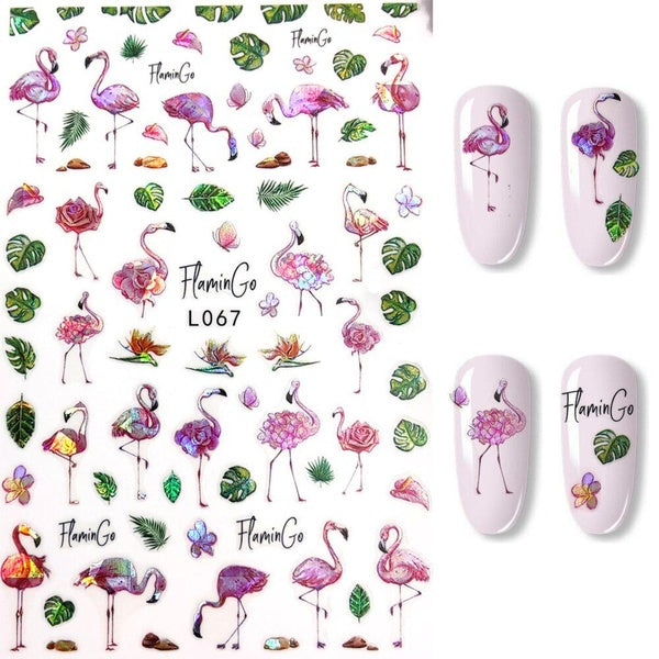 Laser 3D Nail Stickers Cute Flash Flamingo Nail Art Decorations Sliders Foil Reflective Rose Flowers Leaf Manicure Accessories