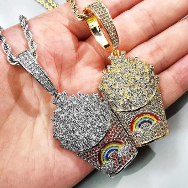 Hip Hop coloré diamant frites forme pendentif mode hommes Rock Party collier bijoux